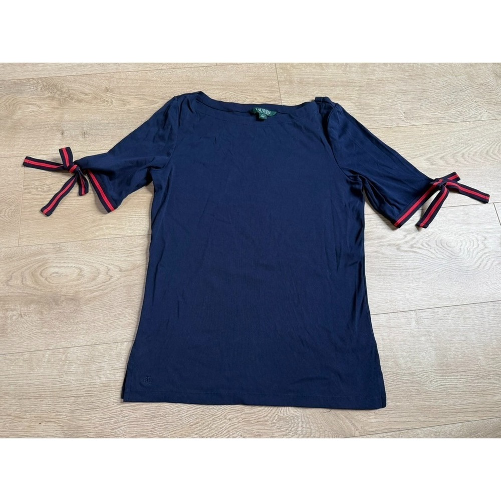 EUC Womens‎ Lauren Ralph Lauren boat neck Navy red stripe bow short sleeve top L